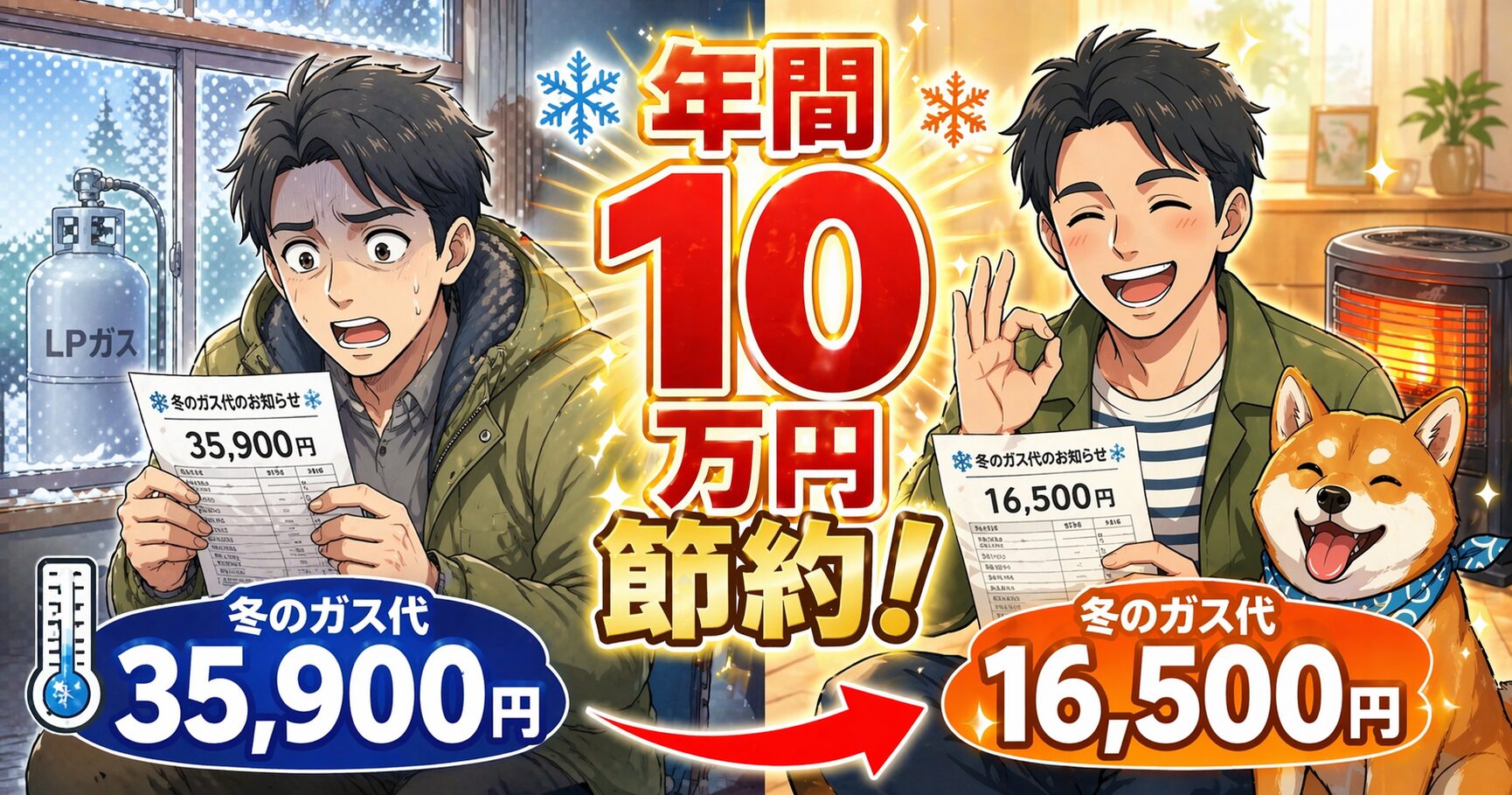 プロパンガス代が冬に35,900円から16,500円に下がり、年間10万円節約したビフォーアフターのイメージ