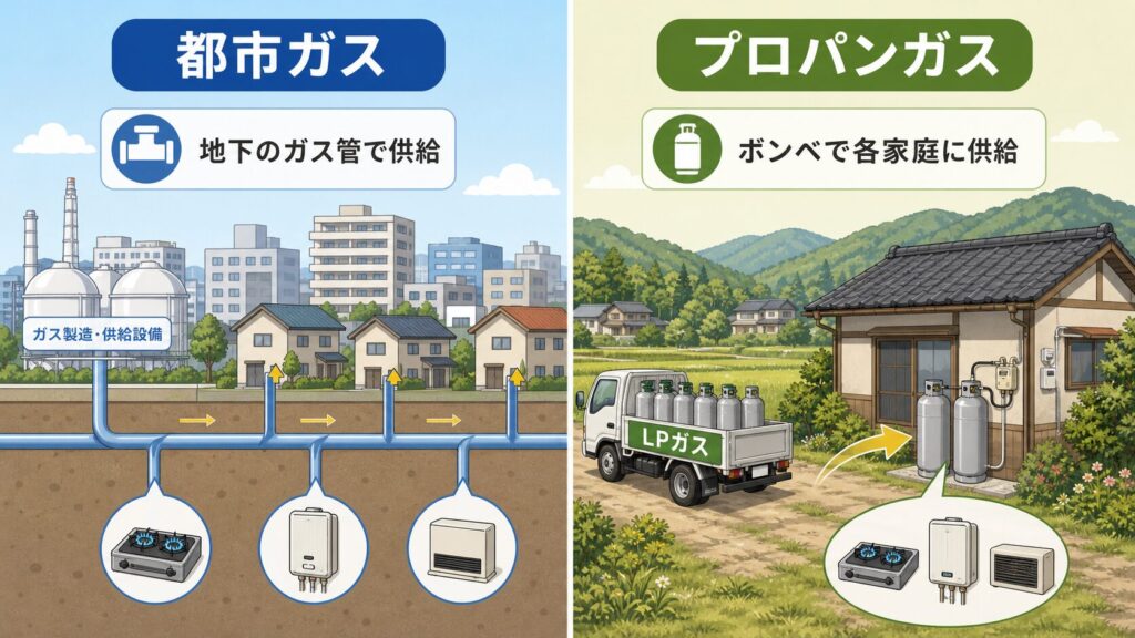 都市ガスは地下のガス管で複数の家へ供給され、プロパンガスは各家庭のボンベから供給される違いを示した図解