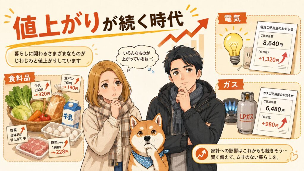 インフレで食料品・電気・プロパンガスの値上がりが続き、家計への影響を心配する田舎暮らしの夫婦と柴犬