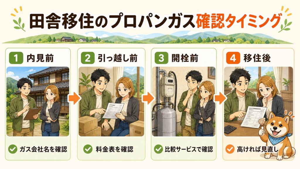 田舎移住でプロパンガスを確認するタイミングを、内見前、引っ越し前、開栓前、移住後の4段階で示した図解。