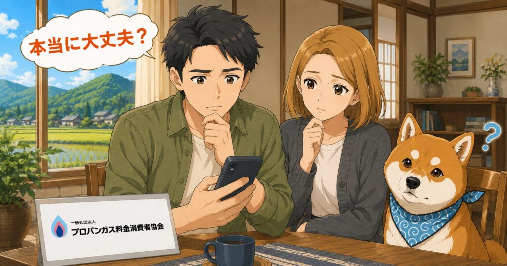 プロパンガス料金消費者協会が本当に大丈夫か、田舎の家でスマホを見ながら不安そうに調べている夫婦と柴犬の様子
