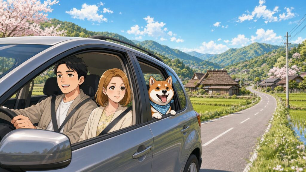 春の田舎道を車で走りながら内見旅行へ向かう、ちくちく夫婦と柴犬まさるのイラスト
