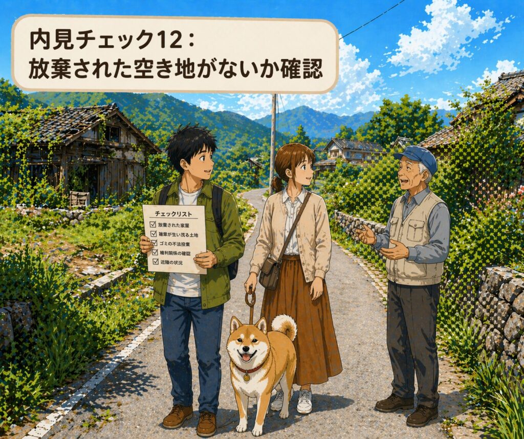 田舎の中古住宅の内見で周辺の空き地や荒れ地の有無を確認している様子