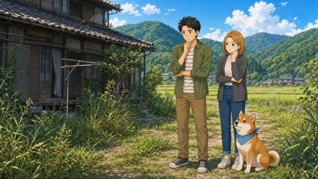 草が伸びた田舎の空き家の前で、夫婦と柴犬が売却や管理について悩んでいるイラスト