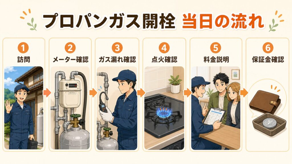 プロパンガス開栓当日の流れを、訪問、メーター確認、ガス漏れ確認、点火確認、料金説明、保証金確認の6ステップで示した図解。