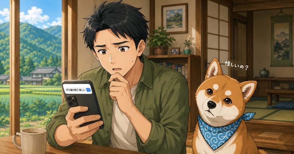 田舎の家でスマホを見ながら、ガス屋の窓口が怪しくないか不安そうに調べている男性と柴犬の様子