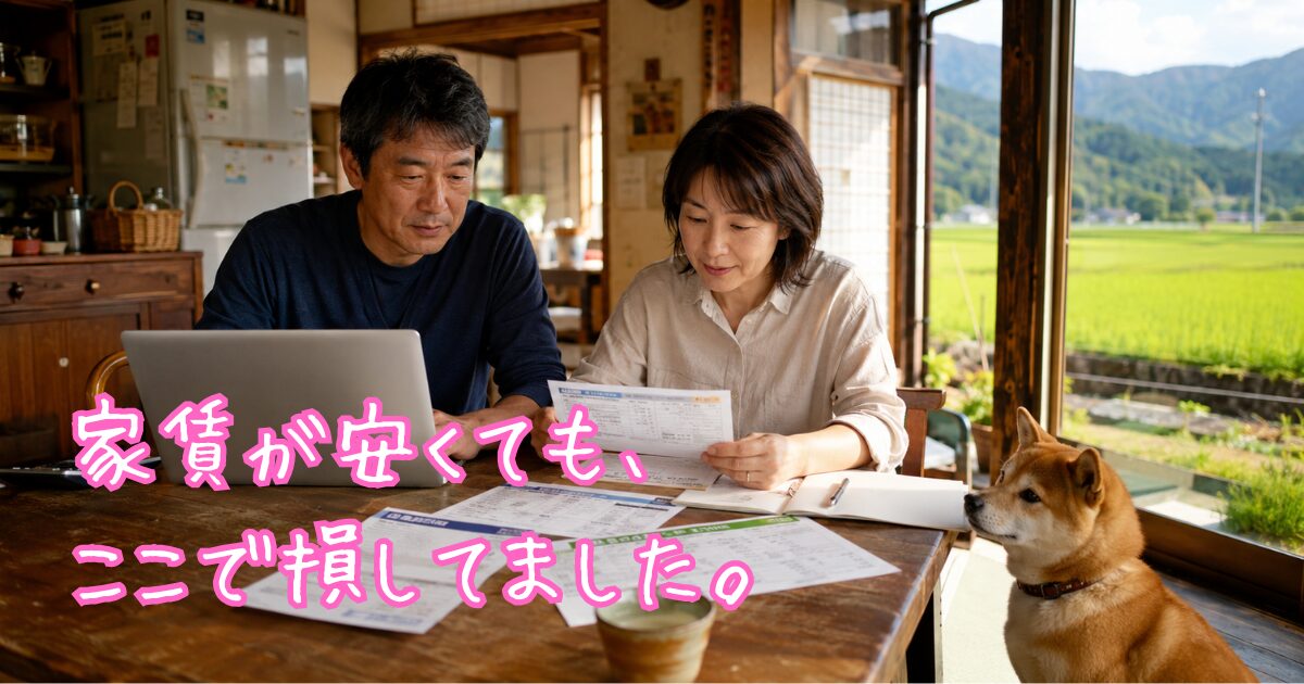 田舎の古民家キッチンで家計の書類を見直す夫婦と、そばで見守る柴犬。窓の外に田んぼと山が広がる。