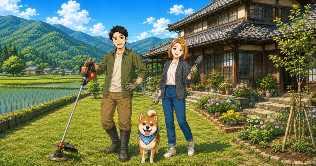 田舎で庭や畑の手入れをしながら、暮らしを楽しんでいる夫婦と柴犬の様子