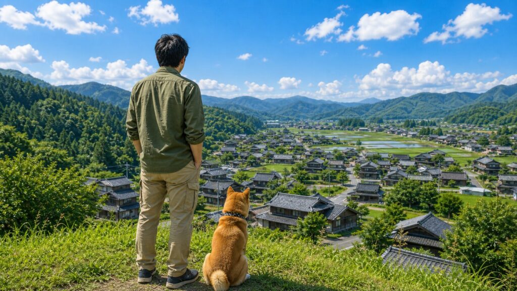 丘の上で、男性と柴犬が田舎町の古民家や田んぼを見下ろしている後ろ姿の写真風イラスト。