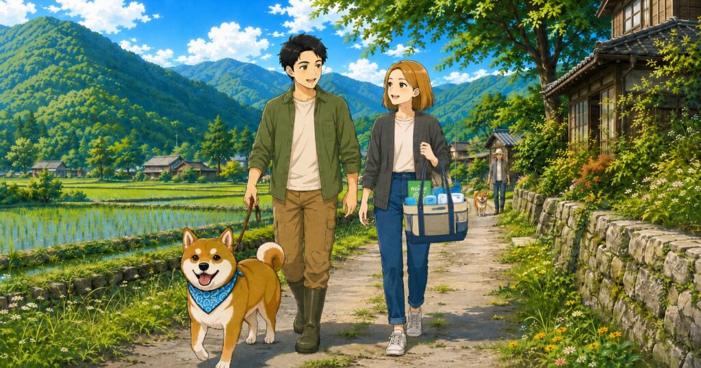 田舎道を散歩する夫婦と柴犬。妻が犬用トイレセットの手提げを持っている様子