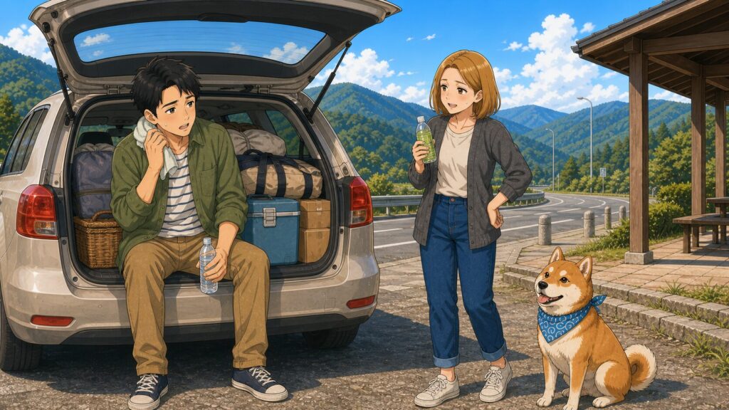 荷物を積んだ車で休憩しながら、夫婦と柴犬が二拠点の間を移動しているイラスト