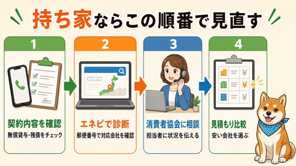 持ち家の一人暮らしでプロパンガス代を見直す手順として、契約確認から見積もり比較までを示した図解。