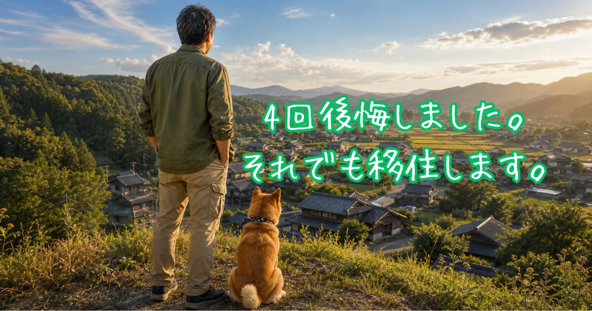 丘の上で、男性と柴犬が田舎町の古民家や田んぼを見下ろしている後ろ姿の写真風イラスト。