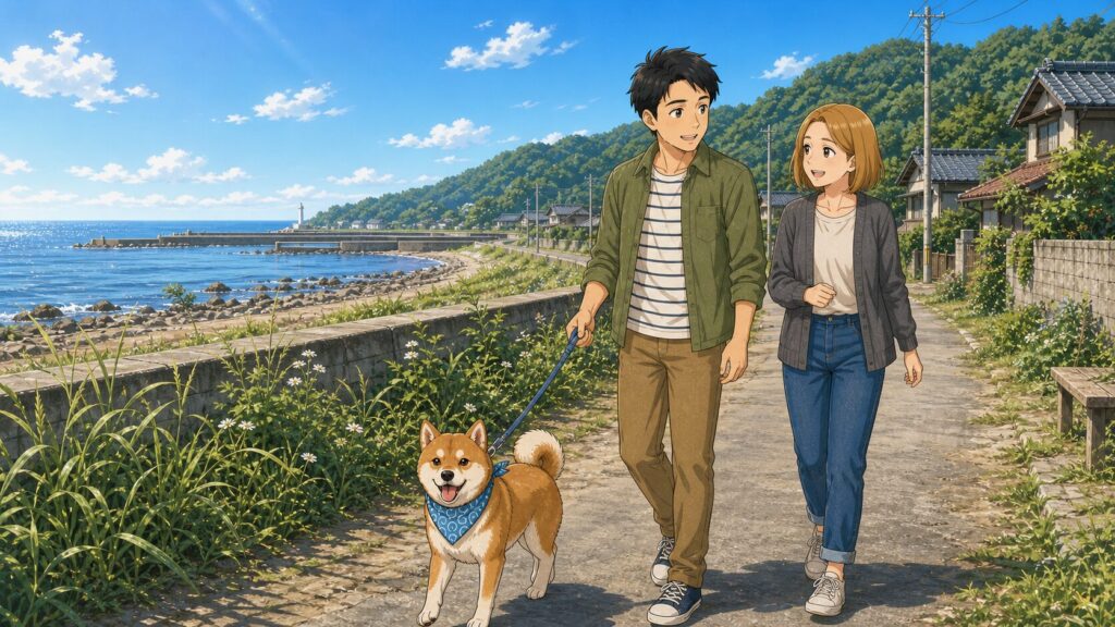 海に近い田舎道を、夫婦と柴犬が気持ちよさそうに散歩しているイラスト