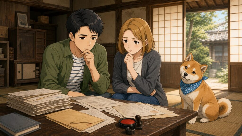 古い実家の和室で、相続書類を前に夫婦と柴犬が困った様子で話し合っているイラスト