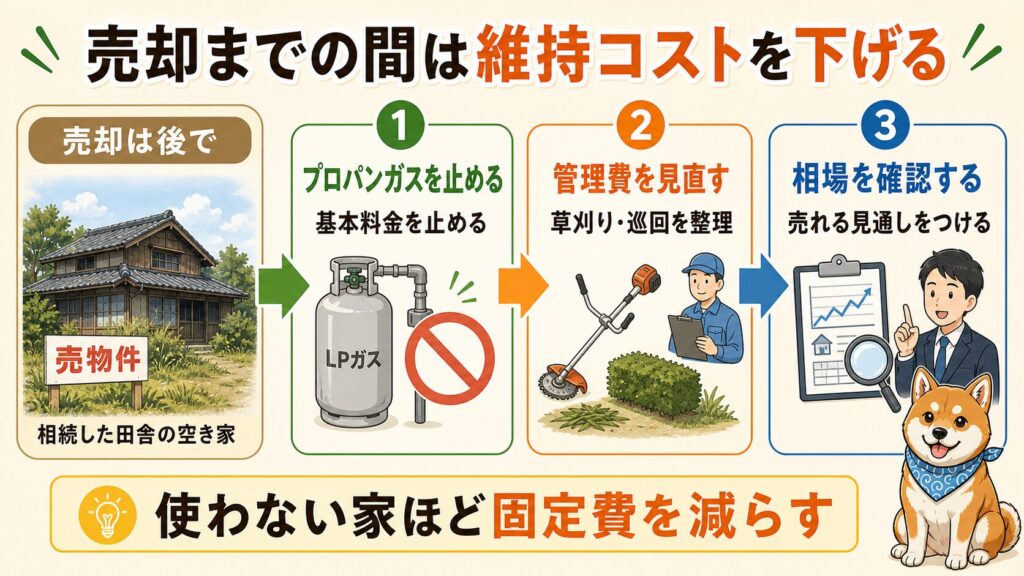 相続した田舎の空き家を売却するまでの間、プロパンガス停止や管理費見直しで維持コストを下げる流れを示した図解。