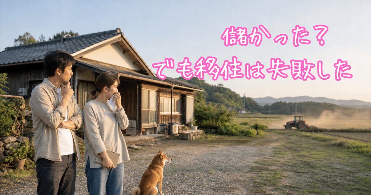 田舎の古民家の前で、男女が遠くの田んぼで土煙を上げながら作業するトラクターを見つめている。女性は口元にハンカチを当て、庭では柴犬が座って田んぼの方を眺めている。