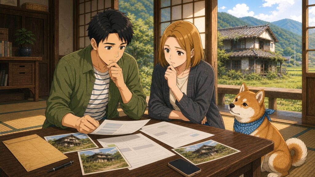 空き家の売却や解体について、夫婦と柴犬が書類を見ながら相談しているイラスト