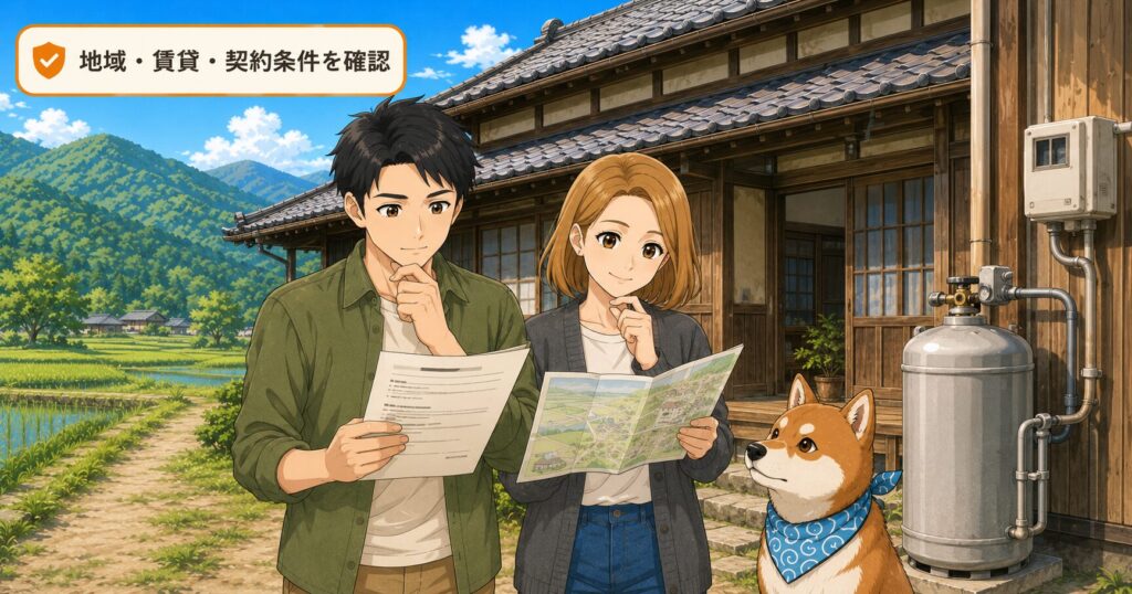 田舎の古民家の前で、夫婦と柴犬が契約書や地図を見ながら、地域や契約条件を確認している様子