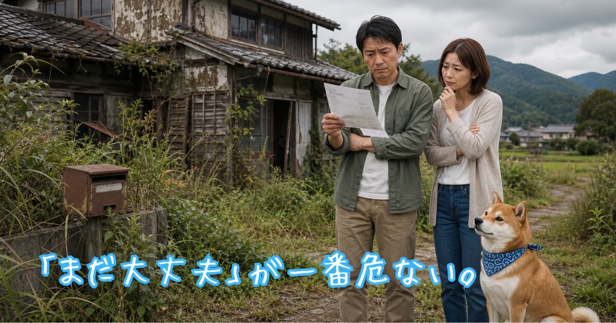 草が伸びた古い田舎の空き家の前で、固定資産税の通知書を見ながら不安そうにしている夫婦と柴犬
