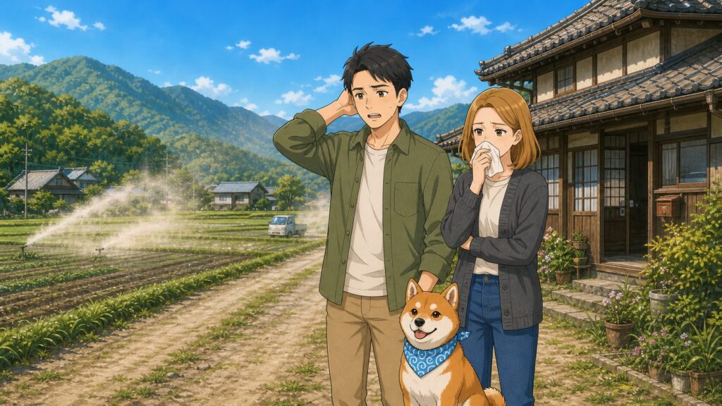 田舎の古民家の前で、農地から舞う粉塵や農薬の影響に不安を感じるちくちく夫婦と柴犬まさるのイラスト。