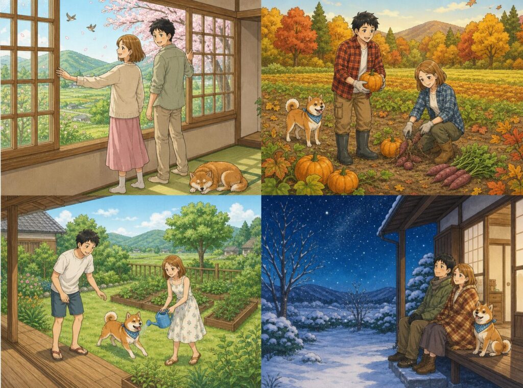 ちくちく夫婦と柴犬まさるが、春の縁側、夏の庭、秋の畑、冬の雪景色の中で田舎暮らしを楽しむ四季のイラスト。