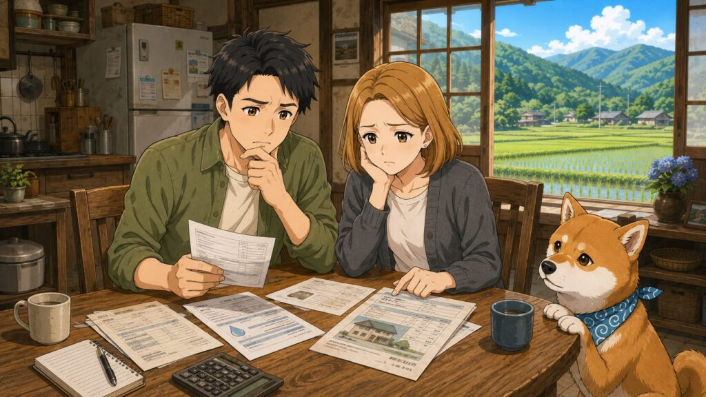 田舎の古民家の台所で、夫婦が光熱費や住宅維持費の書類を見ながら固定費の高さに悩み、柴犬が心配そうに見守っている様子