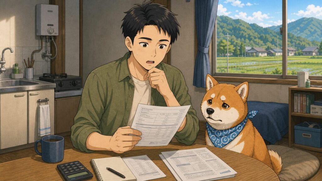 一人暮らしの家で、プロパンガスの検針票を見て驚くちくちくと、そばで見守る柴犬まさるのイラスト。