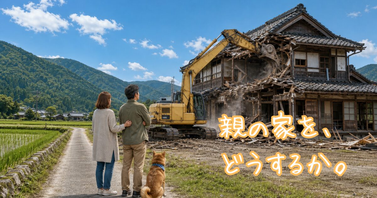 田舎の古民家が重機で解体される場面を、夫婦と柴犬が田んぼ道から静かに見守っている写真
