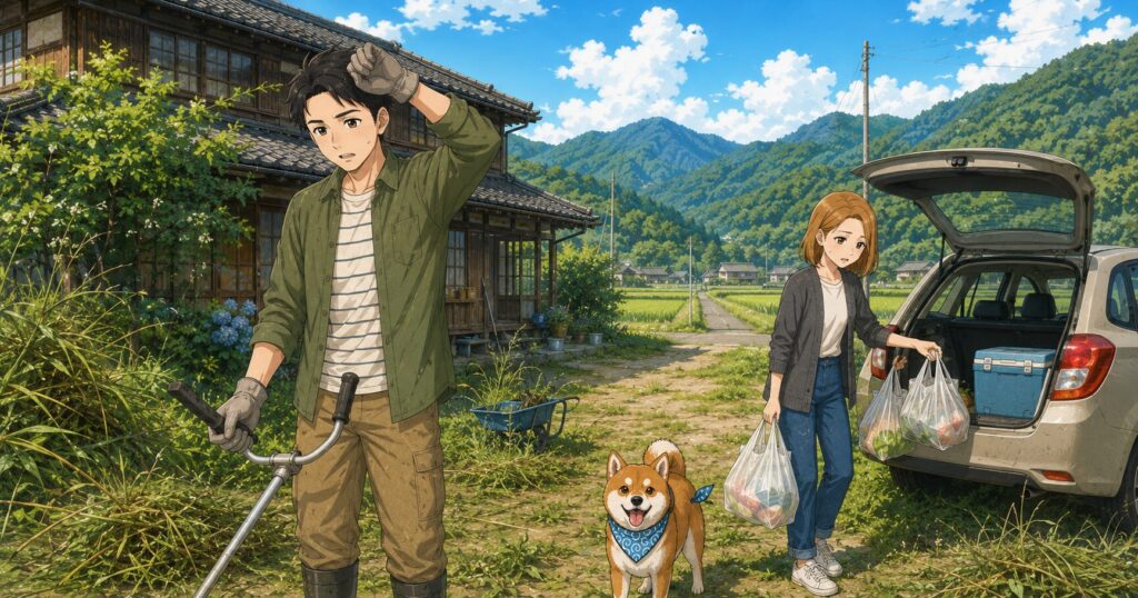 田舎暮らしで草刈りなどの屋外作業に追われる夫婦と柴犬の様子