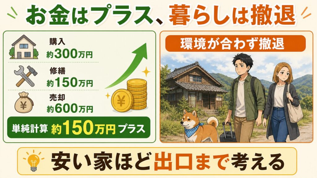 300万円で購入、150万円で修繕、600万円で売却した収支と、環境が合わず撤退した現実を対比した図解。