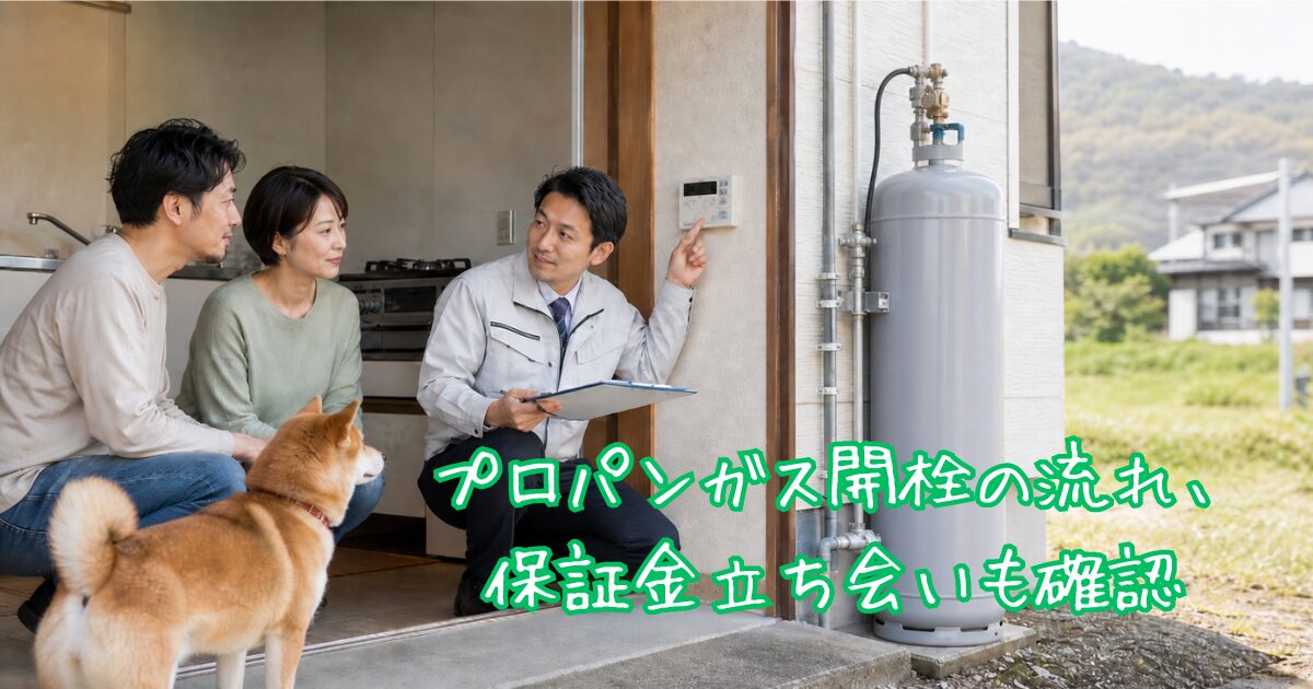 引っ越し先でプロパンガスの開栓説明を受ける夫婦と柴犬、立ち会いの様子を描いたイラスト
