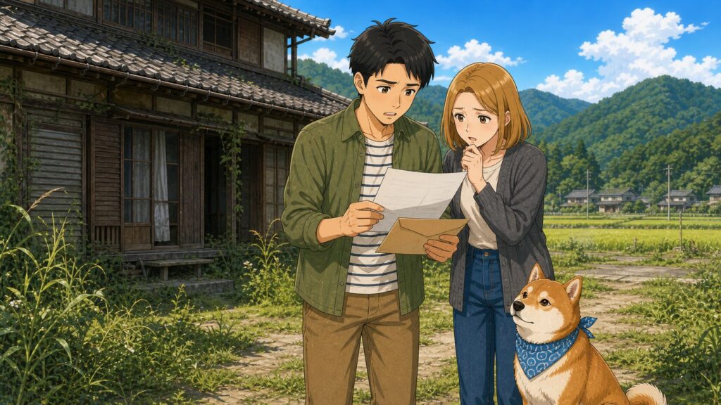 田舎の空き家の前で、固定資産税の通知書を見ながら不安そうにしている夫婦と柴犬のイラスト