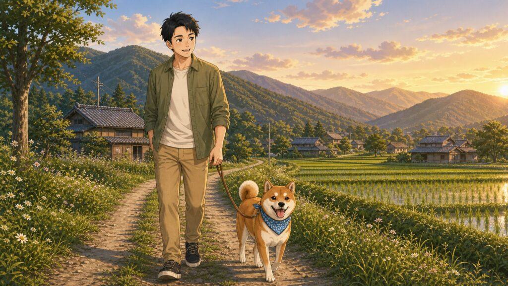 田舎道をちくちくと柴犬まさるが散歩しながら、山や田んぼの景色を楽しんでいるイラスト。