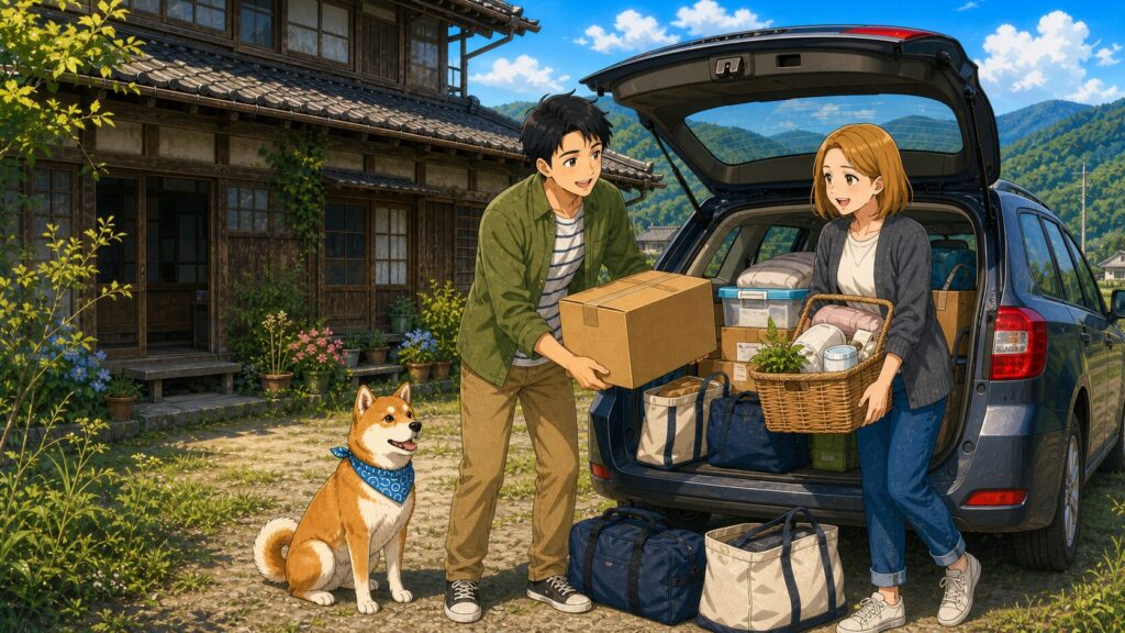 田舎の古民家の前で、夫婦と柴犬が車に荷物を積み込み、二拠点生活の準備をしているイラスト