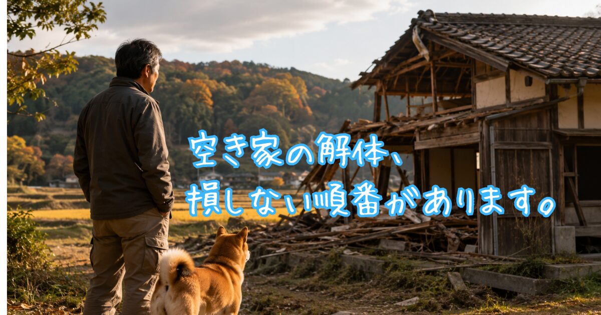 秋の田舎で、柴犬と並んだ中年男性が、田んぼを背景に一部解体された古い木造民家を静かに見つめている様子
