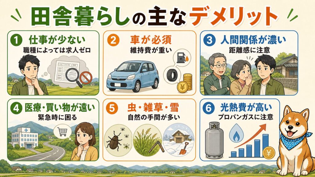 田舎暮らしの主なデメリットとして、仕事、車、人間関係、医療、自然の手間、光熱費の6項目を並べた図解。