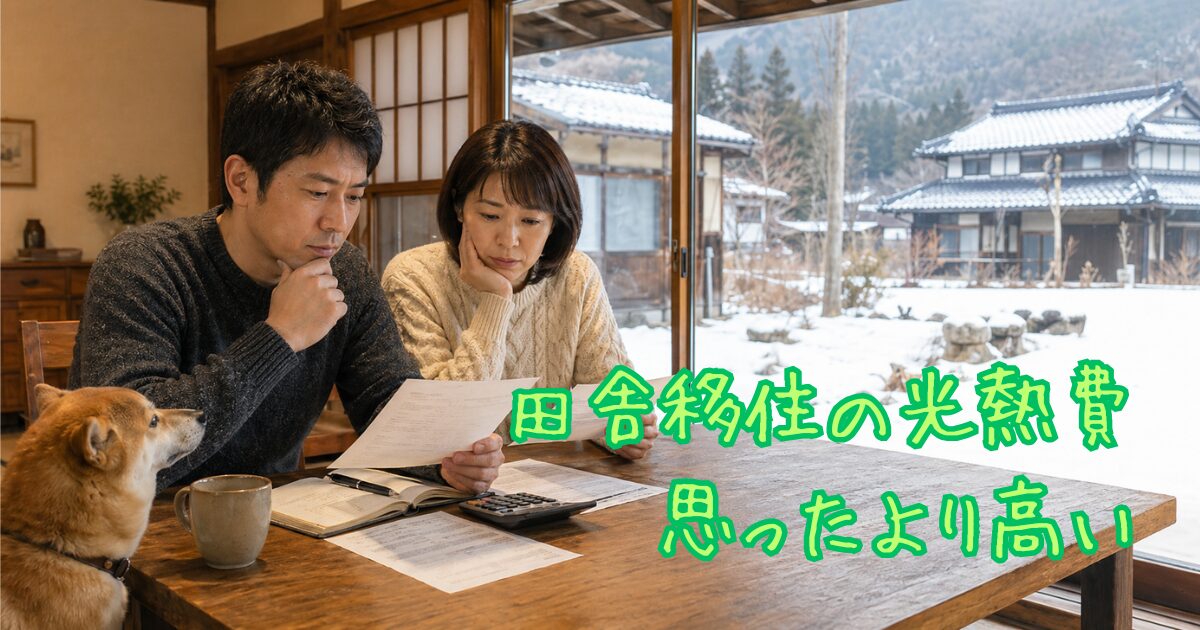 **代替テキスト** 田舎の古民家で夫婦が請求書を見て困っている様子。窓の外は雪景色。柴犬も隣に座っている。テキスト「田舎移住の光熱費、思ったより高い」
