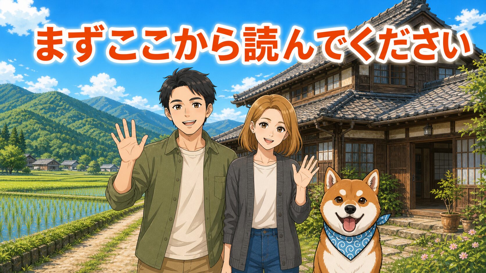 田舎の古民家の前で、ちくちく・嫁さん・柴犬まさるが読者を迎えているイラスト。山と田んぼと青空を背景に「まずここから読んでください」と書かれている。