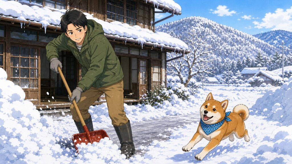 雪が積もった山奥の家の前で、夫婦と柴犬が冬の二拠点生活の大変さを感じているイラスト