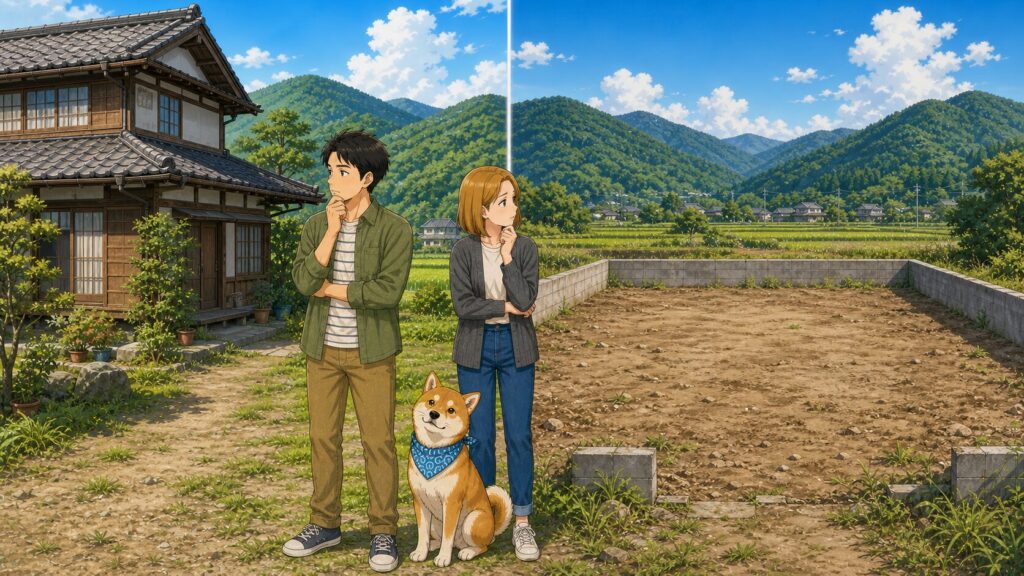 住宅が建っている土地と解体後の更地を、夫婦と柴犬が見比べているイラスト