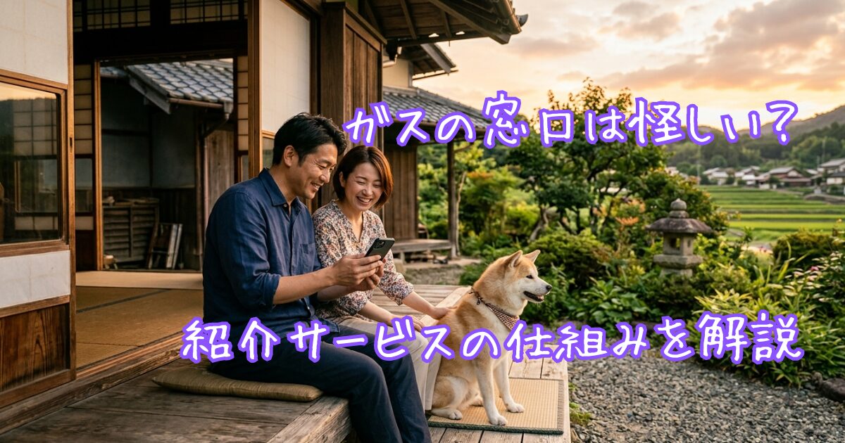 田舎の古民家の縁側でスマートフォンを見ながらガス会社のサービスを確認する夫婦と柴犬。ガスの窓口の仕組みや信頼性を調べている様子。