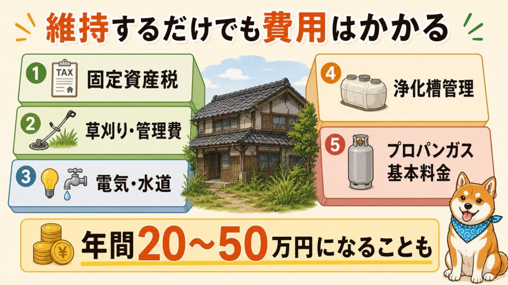相続した田舎の家を維持するために、固定資産税、草刈り、電気水道、浄化槽、プロパンガス基本料金がかかることを示した図解。
