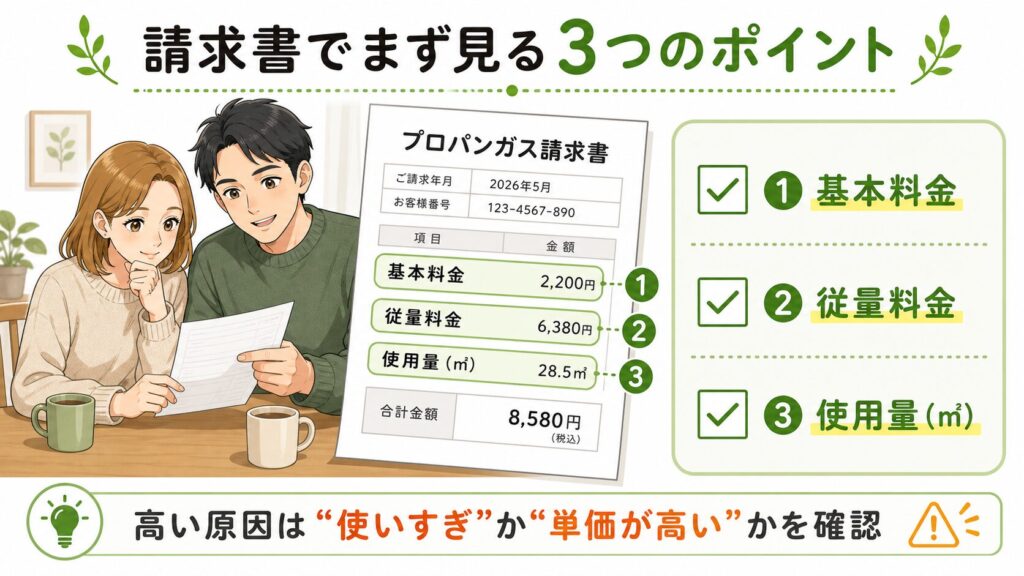 夫婦二人がプロパンガスの請求書を見ながら、基本料金・従量料金・使用量を確認している図解