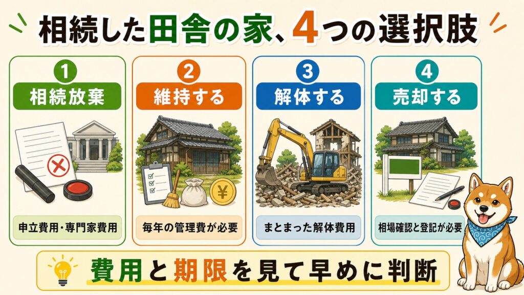 相続した田舎の家について、相続放棄・維持・解体・売却の4つの選択肢を比較した図解。