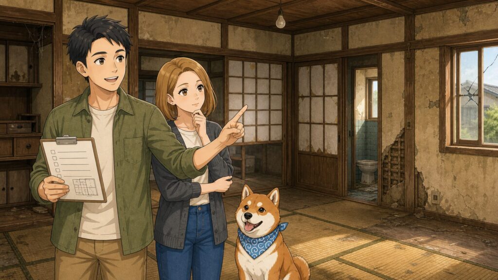 古い田舎の家の室内で、ちくちく夫婦と柴犬まさるが、傷んだ畳や壁、窓など修繕が必要な箇所を確認しているイラスト。