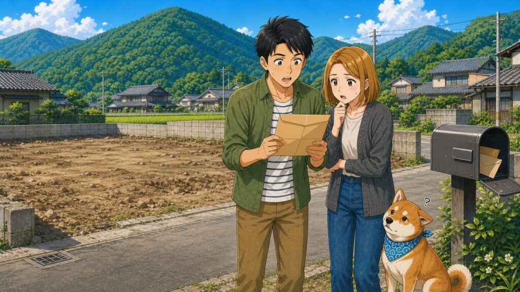 空き家を解体した後の更地で、固定資産税の通知書を見た夫婦と柴犬が驚いているイラスト
