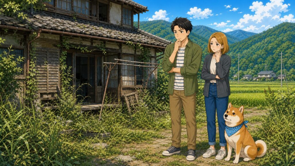 草木が伸びた古い空き家の前で、夫婦と柴犬が管理や解体について心配しているイラスト