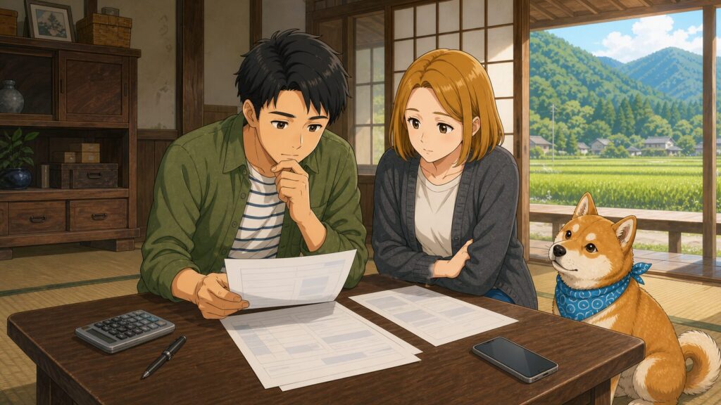 田舎の家の和室で、夫婦と柴犬が解体工事の見積書を比較しているイラスト