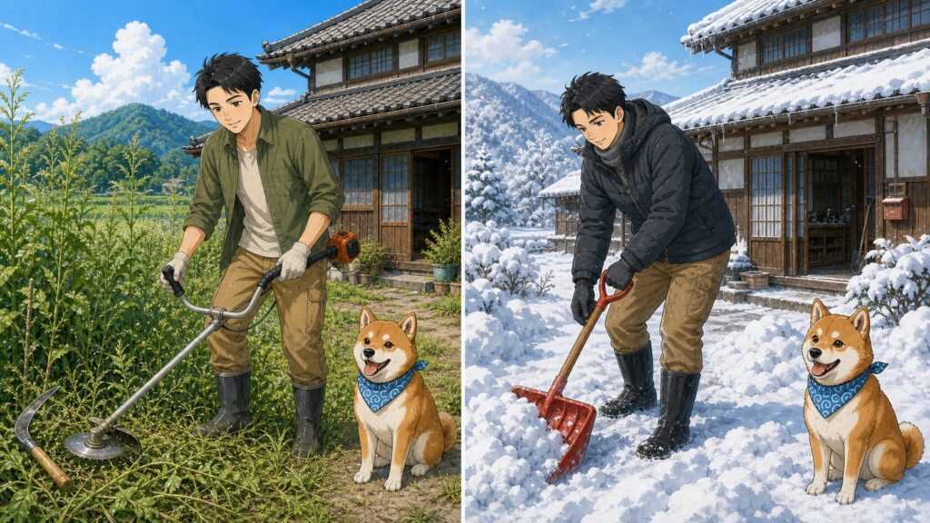 田舎の家で草刈りや雪かきなど自然の手入れに追われる様子を表したイラスト。